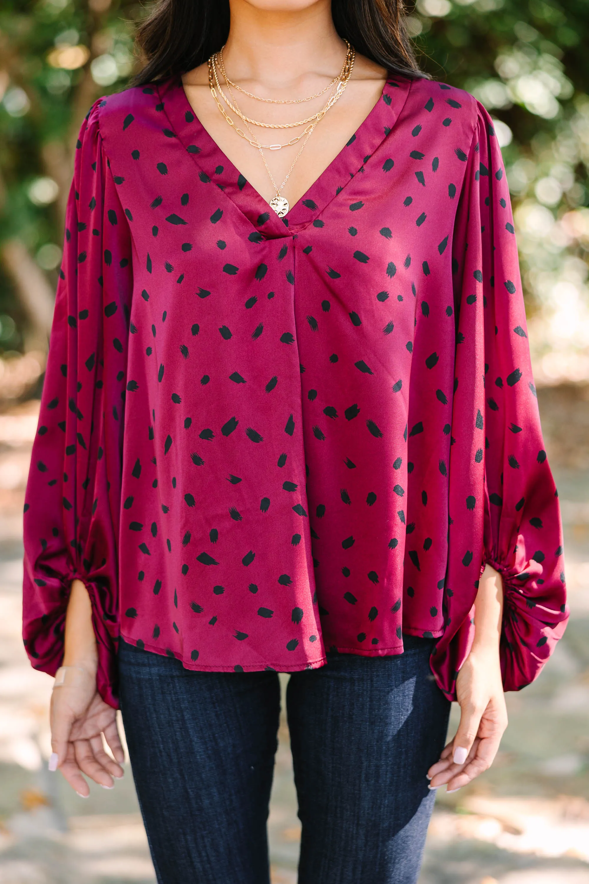 I Believe In You Burgundy Red Spotted Blouse
