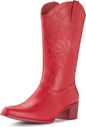 IUV Cowboy Boots For Women Pointy Toe Women's Western Boots Cowgirl Boots Mid Calf Boots