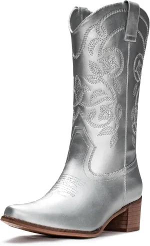 IUV Cowboy Boots For Women Pointy Toe Women's Western Boots Cowgirl Boots Mid Calf Boots