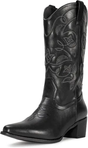 IUV Cowboy Boots For Women Pointy Toe Women's Western Boots Cowgirl Boots Mid Calf Boots