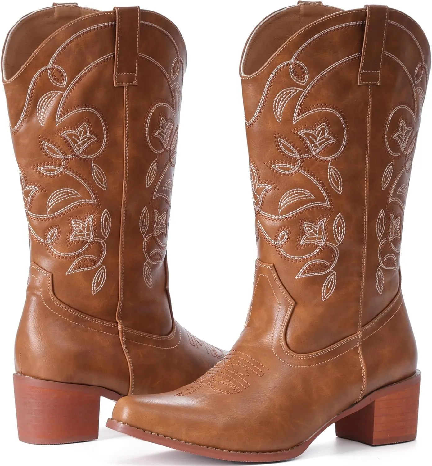 IXU Cowboy Boots For Women Wide Calf Pointy Toe Cowgirl Boots Mid Calf Western Boots