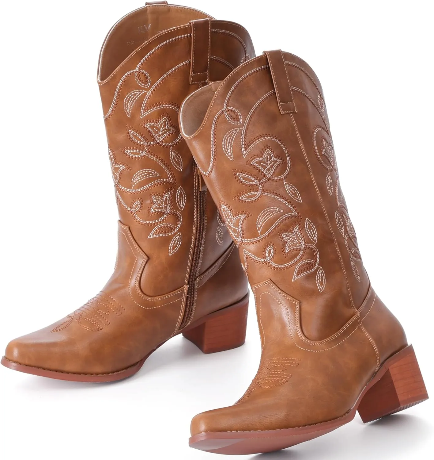IXU Cowboy Boots For Women Wide Calf Pointy Toe Cowgirl Boots Mid Calf Western Boots