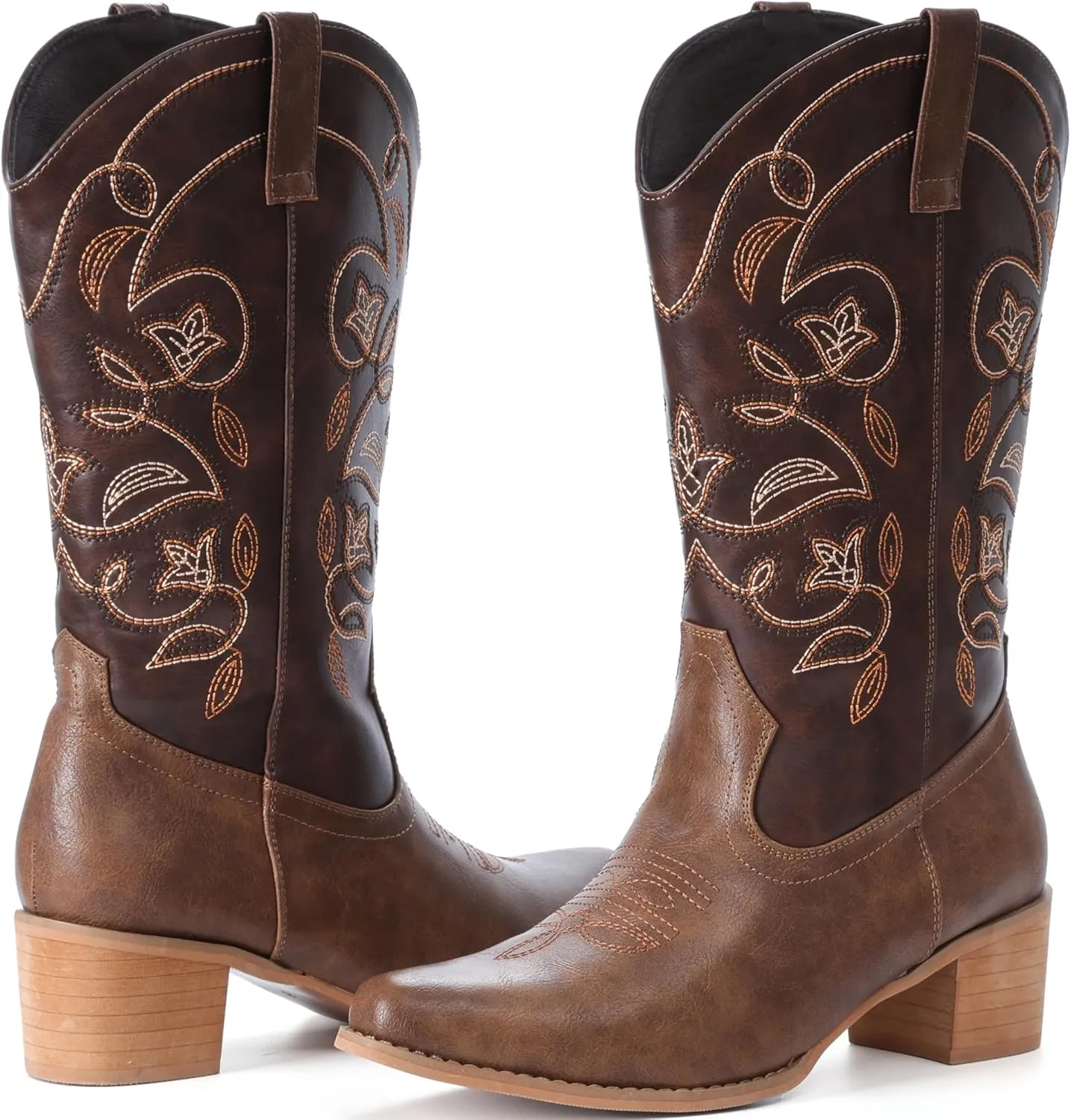 IXU Cowboy Boots For Women Wide Calf Pointy Toe Cowgirl Boots Mid Calf Western Boots