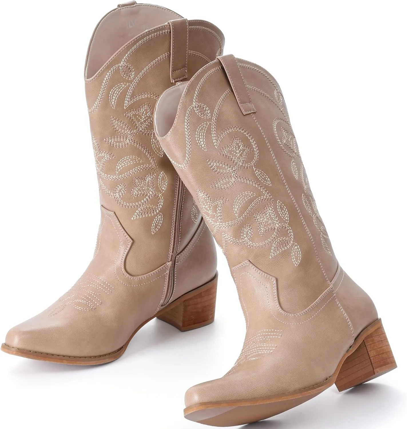 IXU Cowboy Boots For Women Wide Calf Pointy Toe Cowgirl Boots Mid Calf Western Boots