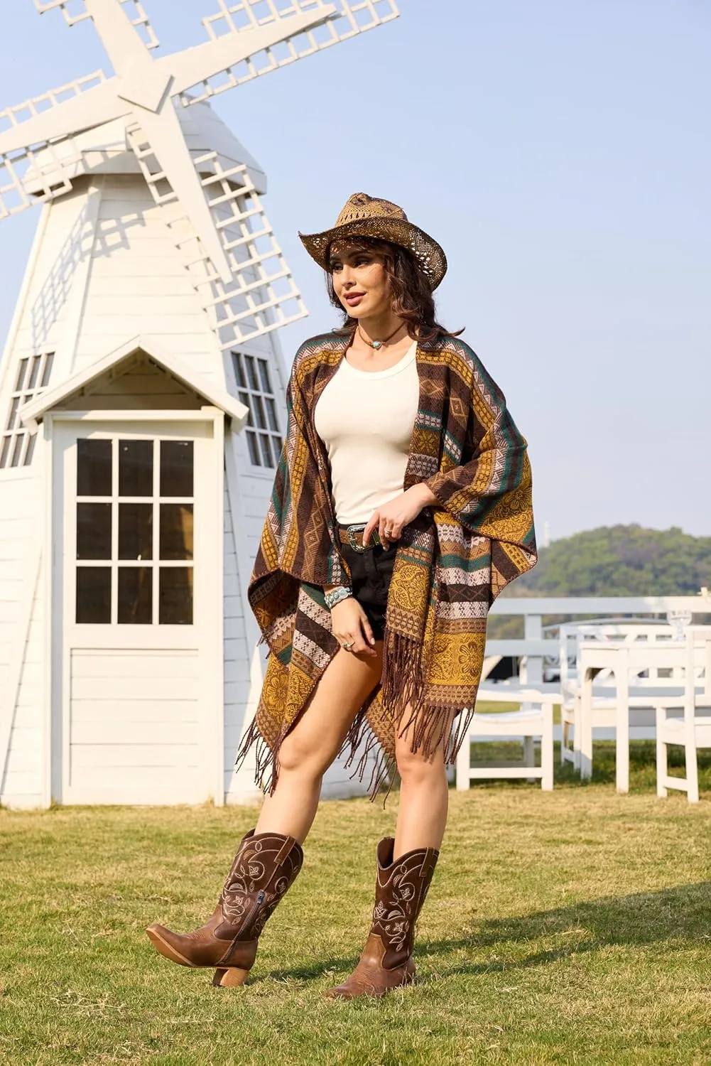 IXU Cowboy Boots For Women Wide Calf Pointy Toe Cowgirl Boots Mid Calf Western Boots