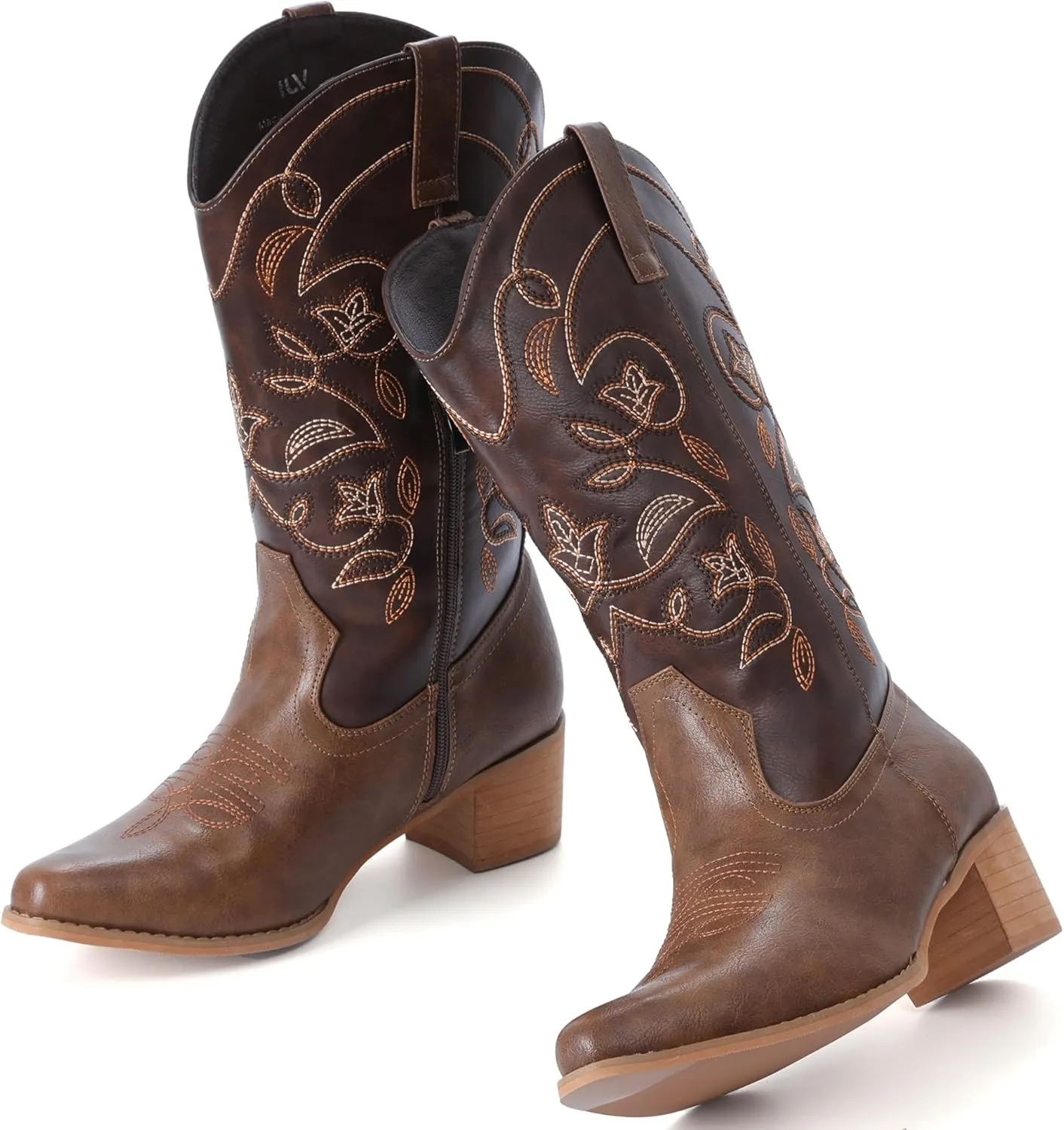 IXU Cowboy Boots For Women Wide Calf Pointy Toe Cowgirl Boots Mid Calf Western Boots