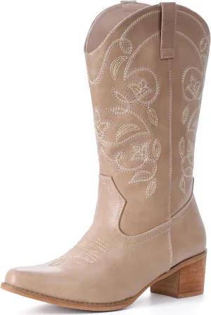 IXU Cowboy Boots For Women Wide Calf Pointy Toe Cowgirl Boots Mid Calf Western Boots