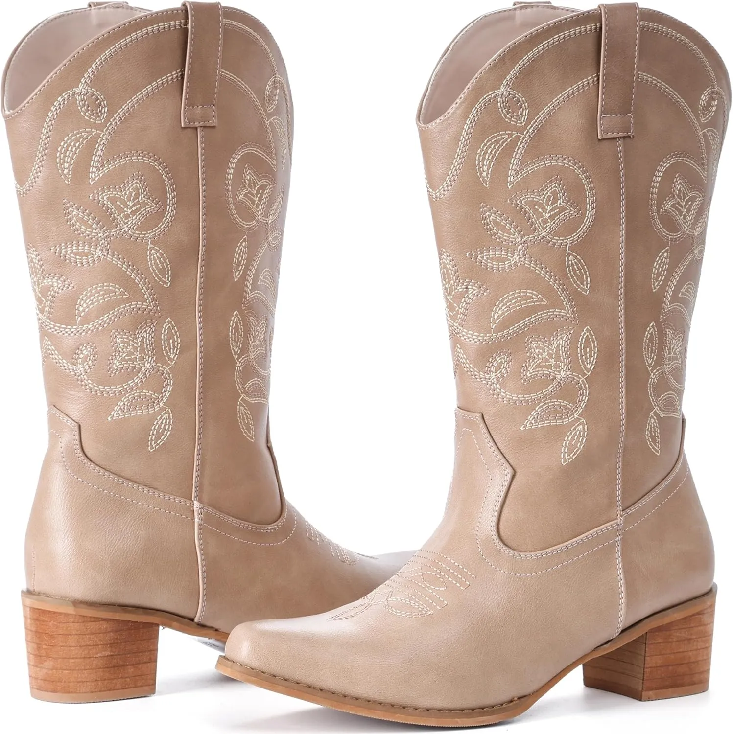 IXU Cowboy Boots For Women Wide Calf Pointy Toe Cowgirl Boots Mid Calf Western Boots