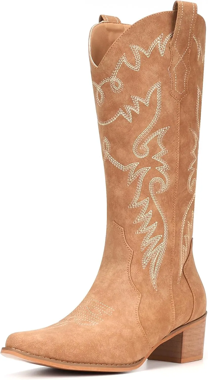 IXU Cowboy Boots Women Pointy Toe Women's Mid Calf Western Cowgirl Boots