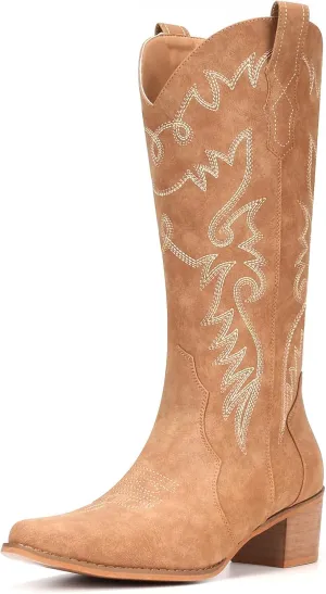 IXU Cowboy Boots Women Pointy Toe Women's Mid Calf Western Cowgirl Boots