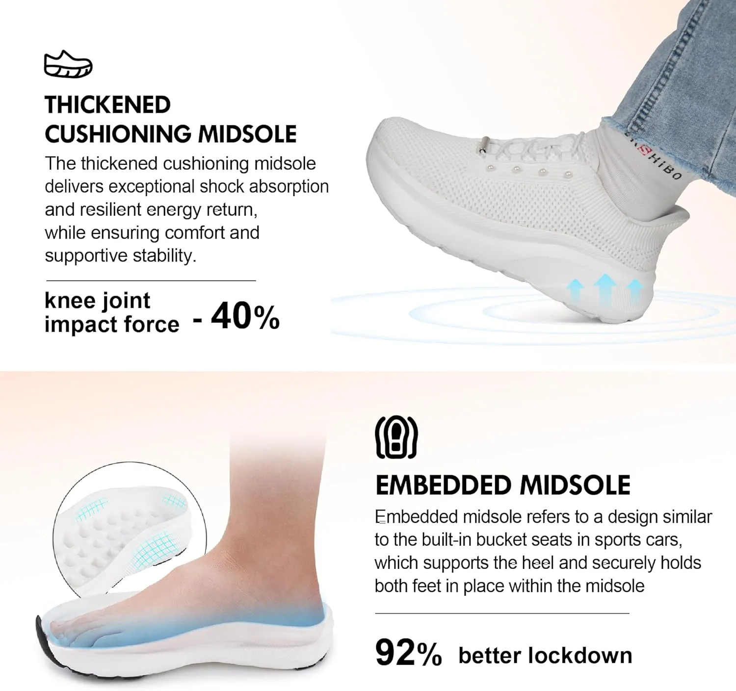 JACKSHIBO Women's Wide Toe Box Slip in Hands Free Shoes Arch Support Slip On Wide Sneaker Orthopedic Thick Cushioning Walking Shoes
