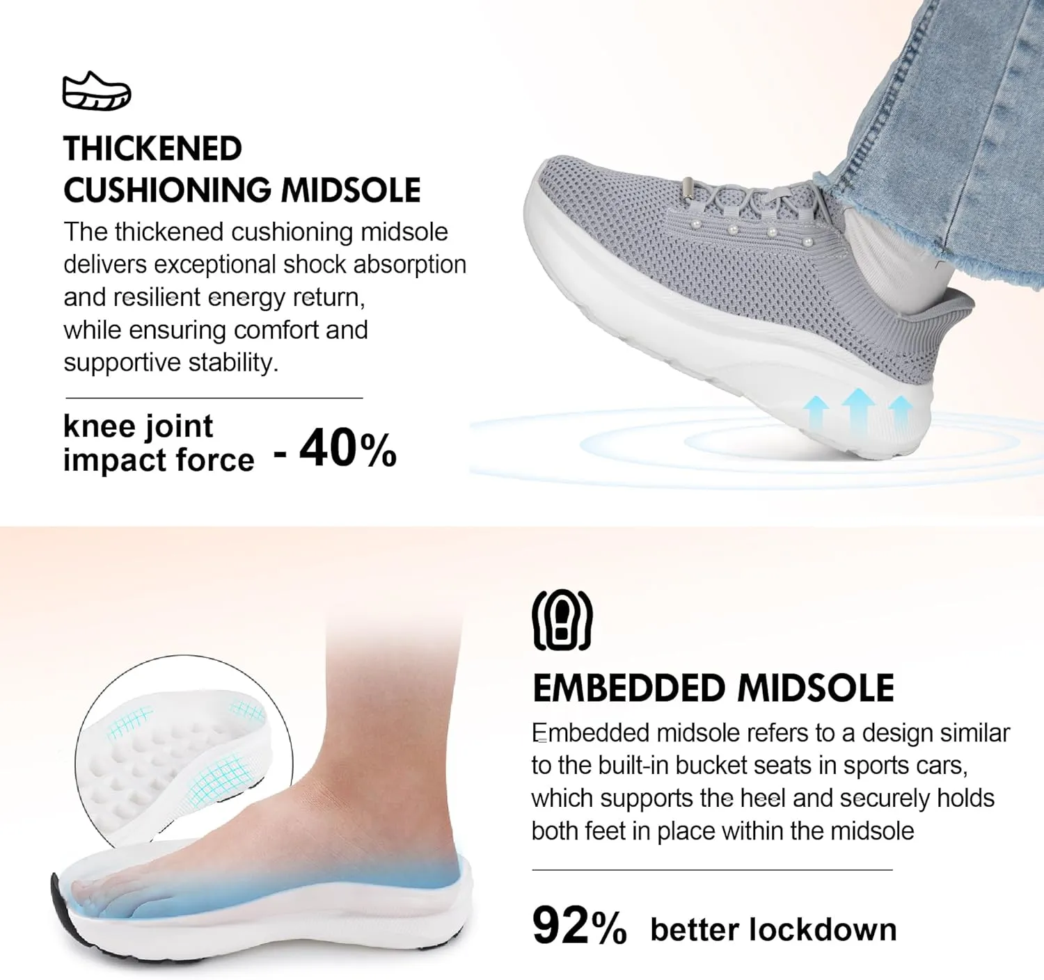 JACKSHIBO Women's Wide Toe Box Slip in Hands Free Shoes Arch Support Slip On Wide Sneaker Orthopedic Thick Cushioning Walking Shoes