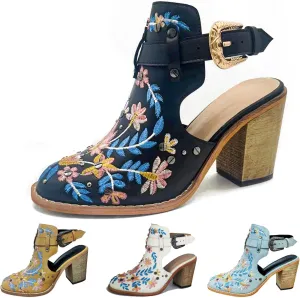 KCTRFSJ Women's Embroidered Floral Closed Chunky High Heeled Sandals with Ankle Strap,Vintage Rivet Platform Slingback Block Heeled Mules,Fashion Dress Wedding Ball Party Pumps Shoes