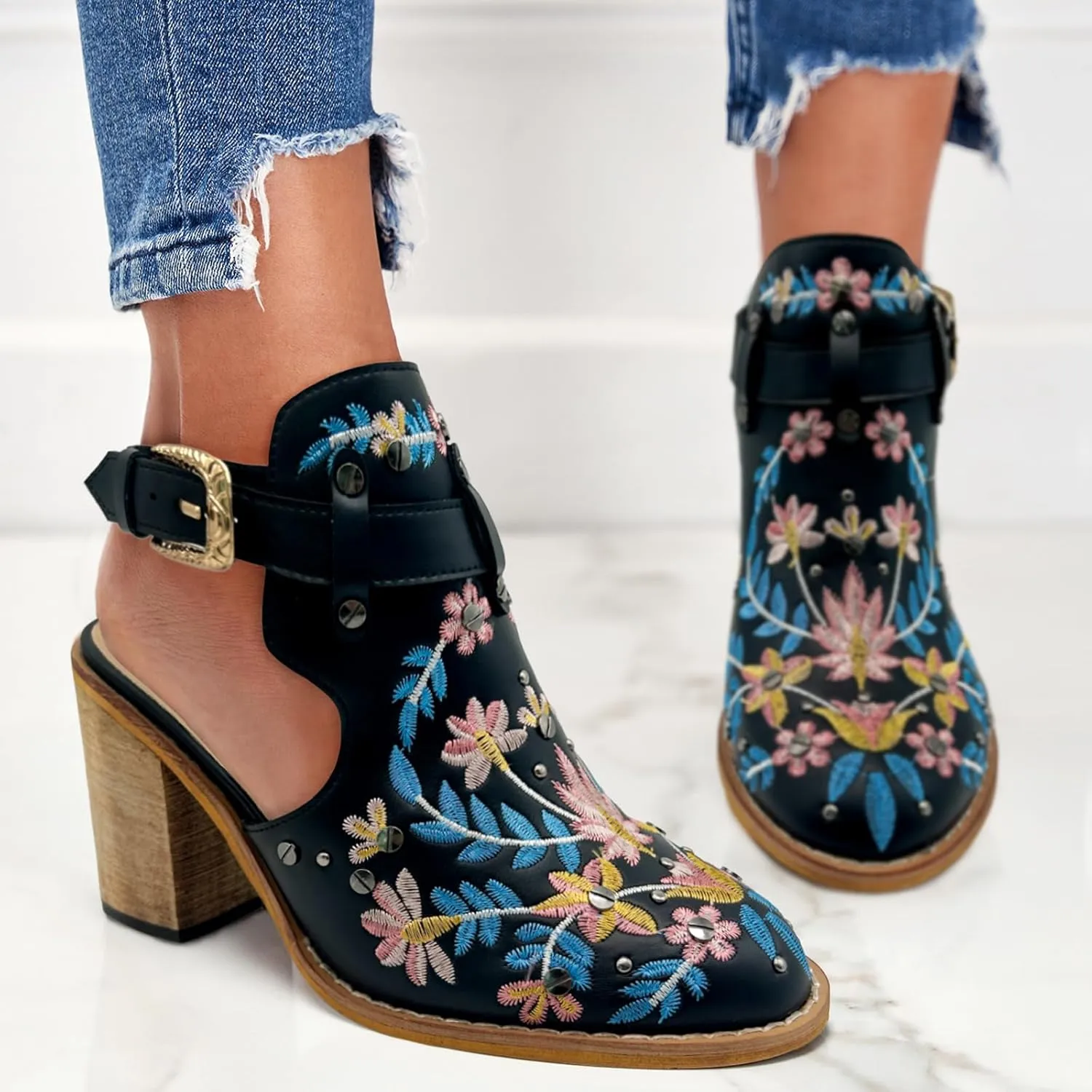 KCTRFSJ Women's Embroidered Floral Closed Chunky High Heeled Sandals with Ankle Strap,Vintage Rivet Platform Slingback Block Heeled Mules,Fashion Dress Wedding Ball Party Pumps Shoes