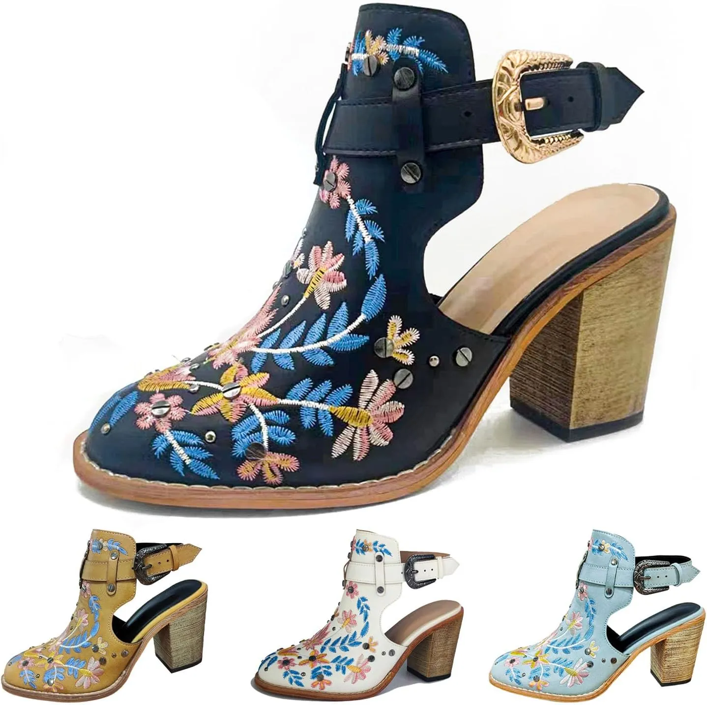 KCTRFSJ Women's Embroidered Floral Closed Chunky High Heeled Sandals with Ankle Strap,Vintage Rivet Platform Slingback Block Heeled Mules,Fashion Dress Wedding Ball Party Pumps Shoes