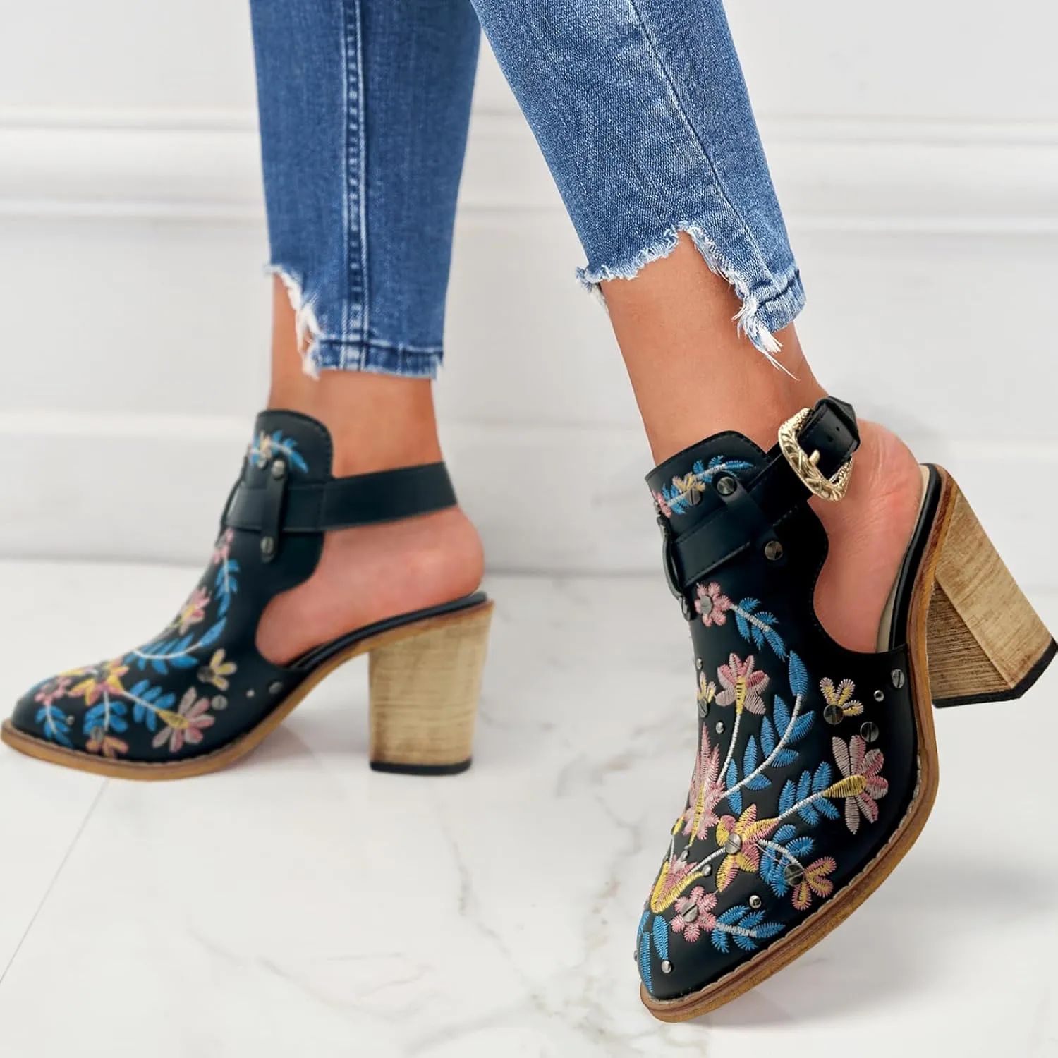 KCTRFSJ Women's Embroidered Floral Closed Chunky High Heeled Sandals with Ankle Strap,Vintage Rivet Platform Slingback Block Heeled Mules,Fashion Dress Wedding Ball Party Pumps Shoes