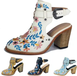 KCTRFSJ Women's Embroidered Floral Closed Chunky High Heeled Sandals with Ankle Strap,Vintage Rivet Platform Slingback Block Heeled Mules,Fashion Dress Wedding Ball Party Pumps Shoes