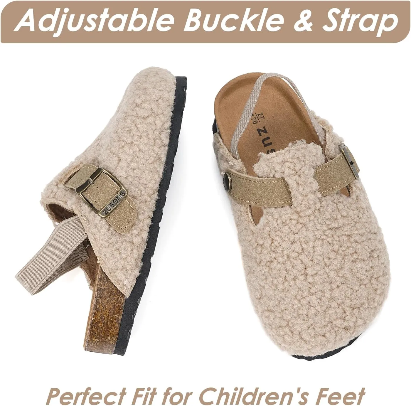 Kids Clogs Toddler Fuzzy Clog Slippers with Strap Boys Girls Cork Footbed Mules Classic Slip On Fleece Potato Shoes with Adjustable Buckle
