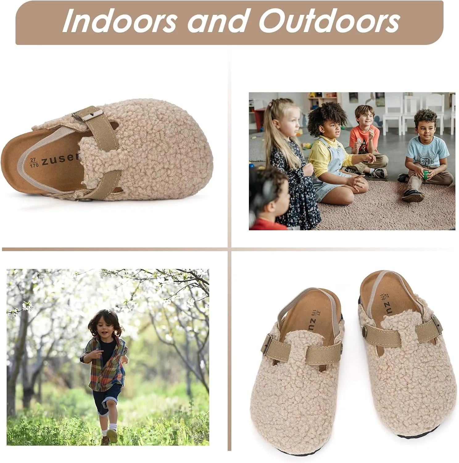 Kids Clogs Toddler Fuzzy Clog Slippers with Strap Boys Girls Cork Footbed Mules Classic Slip On Fleece Potato Shoes with Adjustable Buckle
