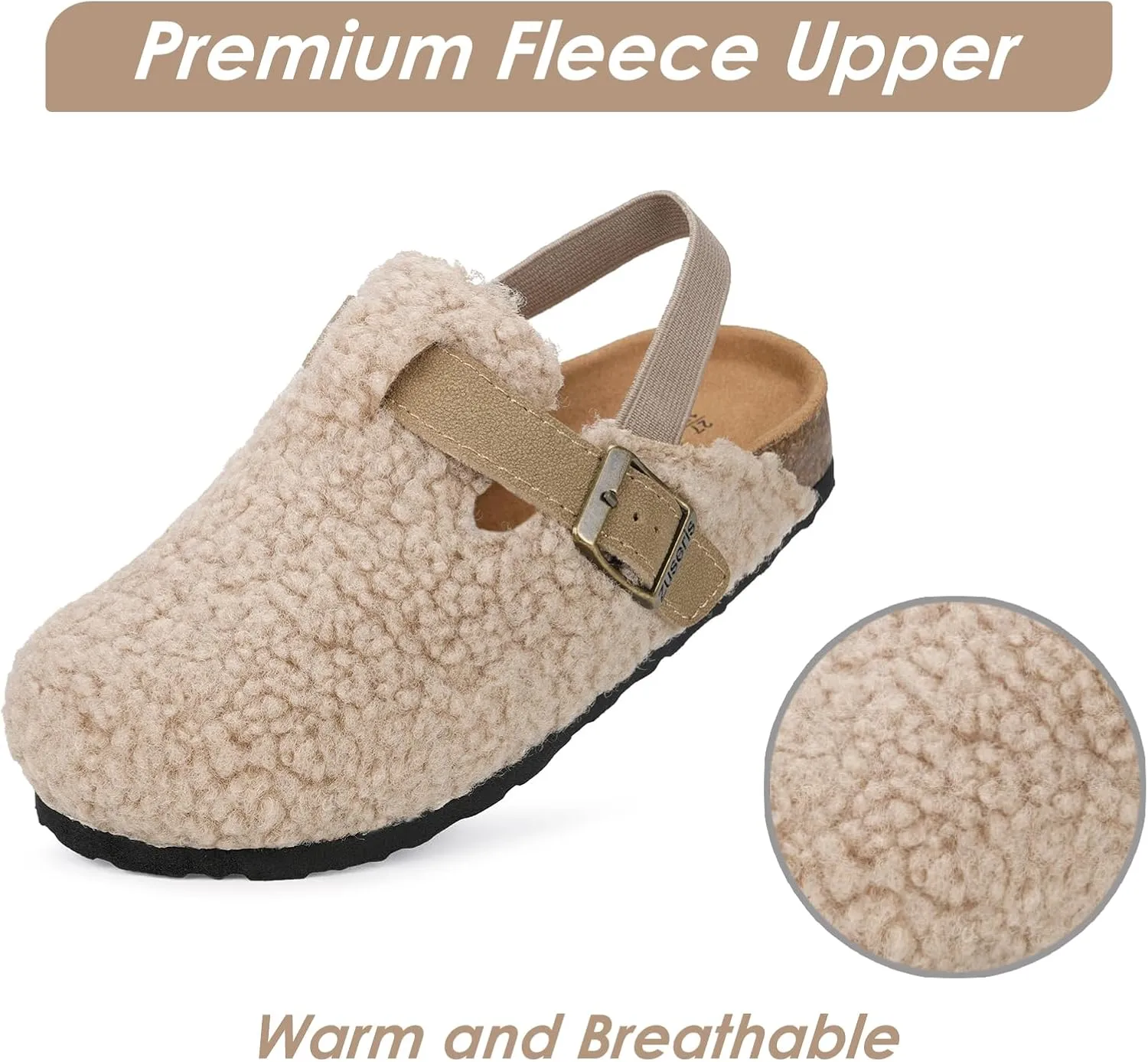 Kids Clogs Toddler Fuzzy Clog Slippers with Strap Boys Girls Cork Footbed Mules Classic Slip On Fleece Potato Shoes with Adjustable Buckle