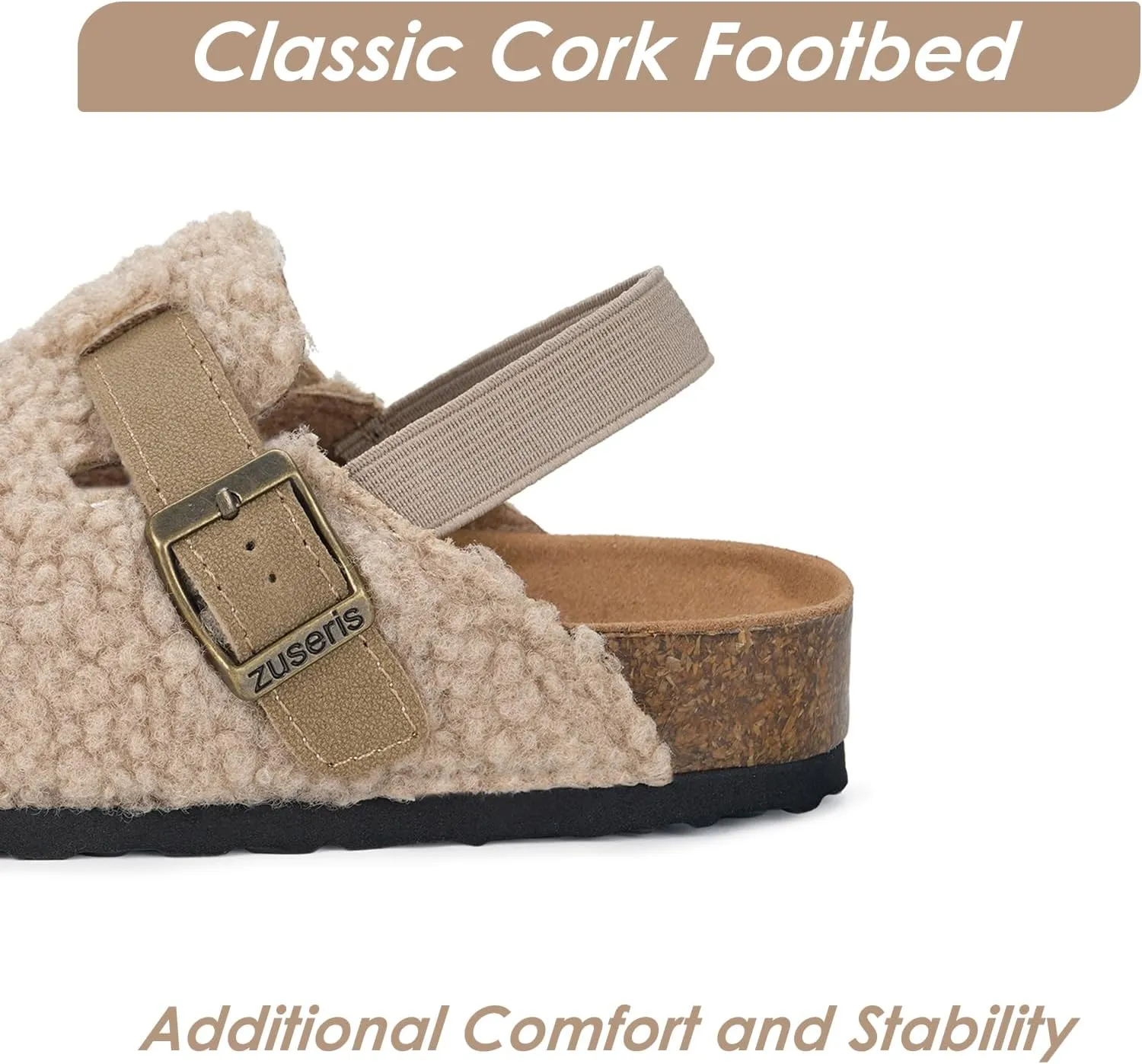 Kids Clogs Toddler Fuzzy Clog Slippers with Strap Boys Girls Cork Footbed Mules Classic Slip On Fleece Potato Shoes with Adjustable Buckle