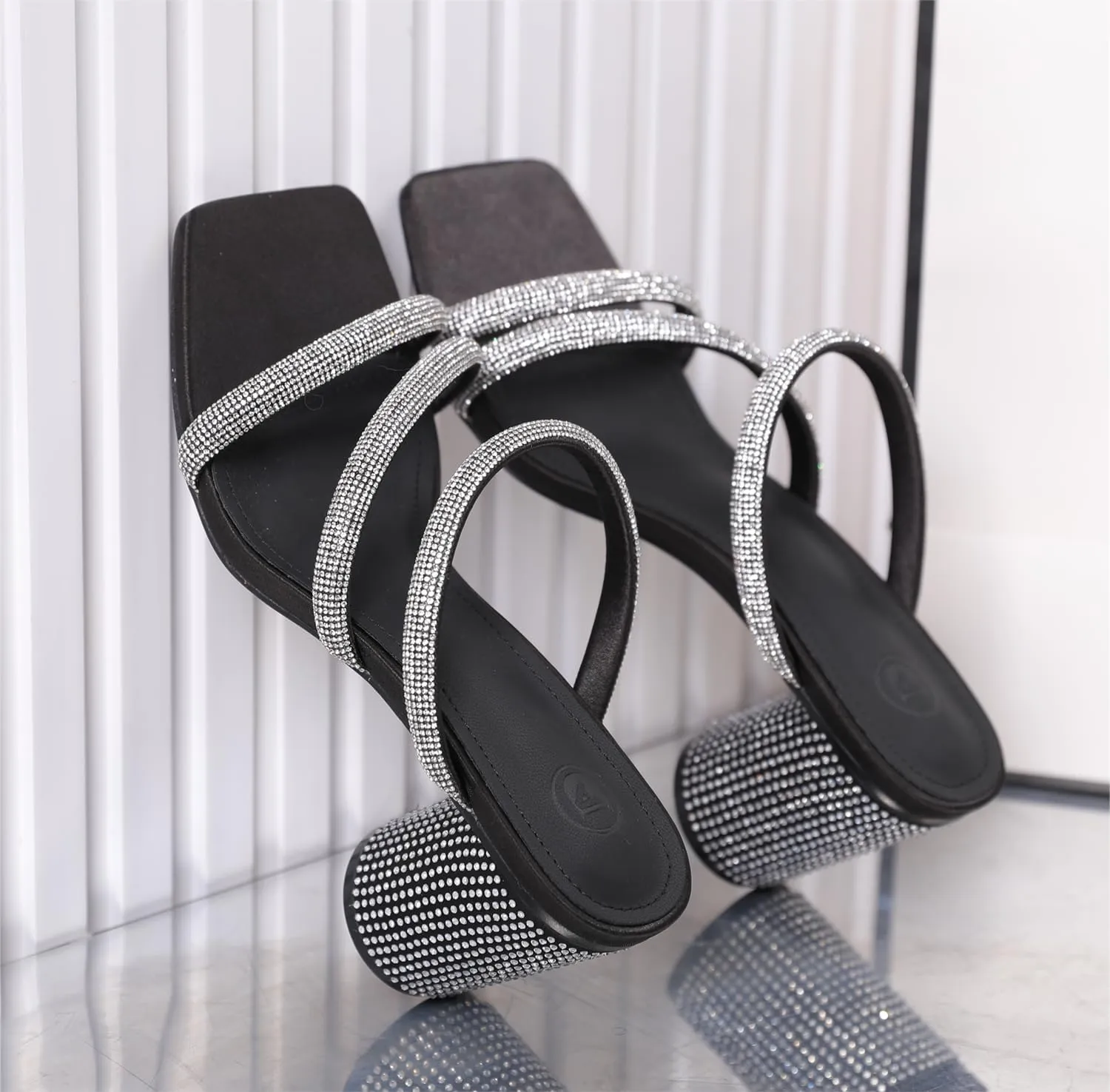 kkdom Women's Square Open Toe Glitter Chunky Heels Sandals Sparkle Bling Rhinestone Short Heels Mule Sandals Slip On Block Heels
