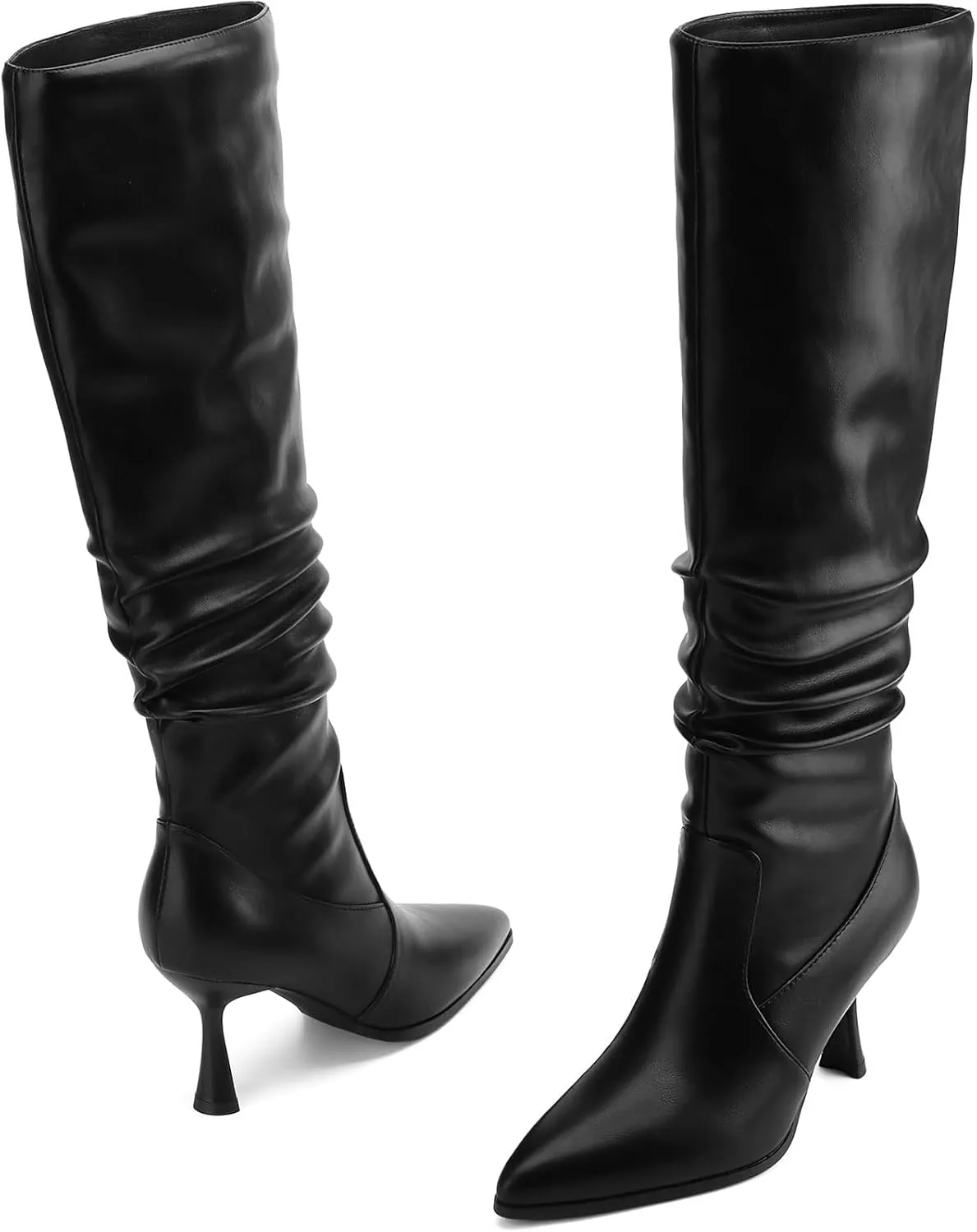 Knee High Boots Women Kitten High Heel Faux Leather Pointed Toe Slouchy Long Boots Fashion Dress Pull on Tall Boots
