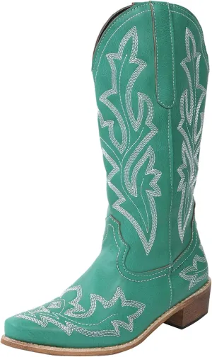Knee High Cowboy Boots Women Women Cowgirl Boots Fashion Mid Half Pull on Chunky Heels Pointy Toe Embroidered Boots