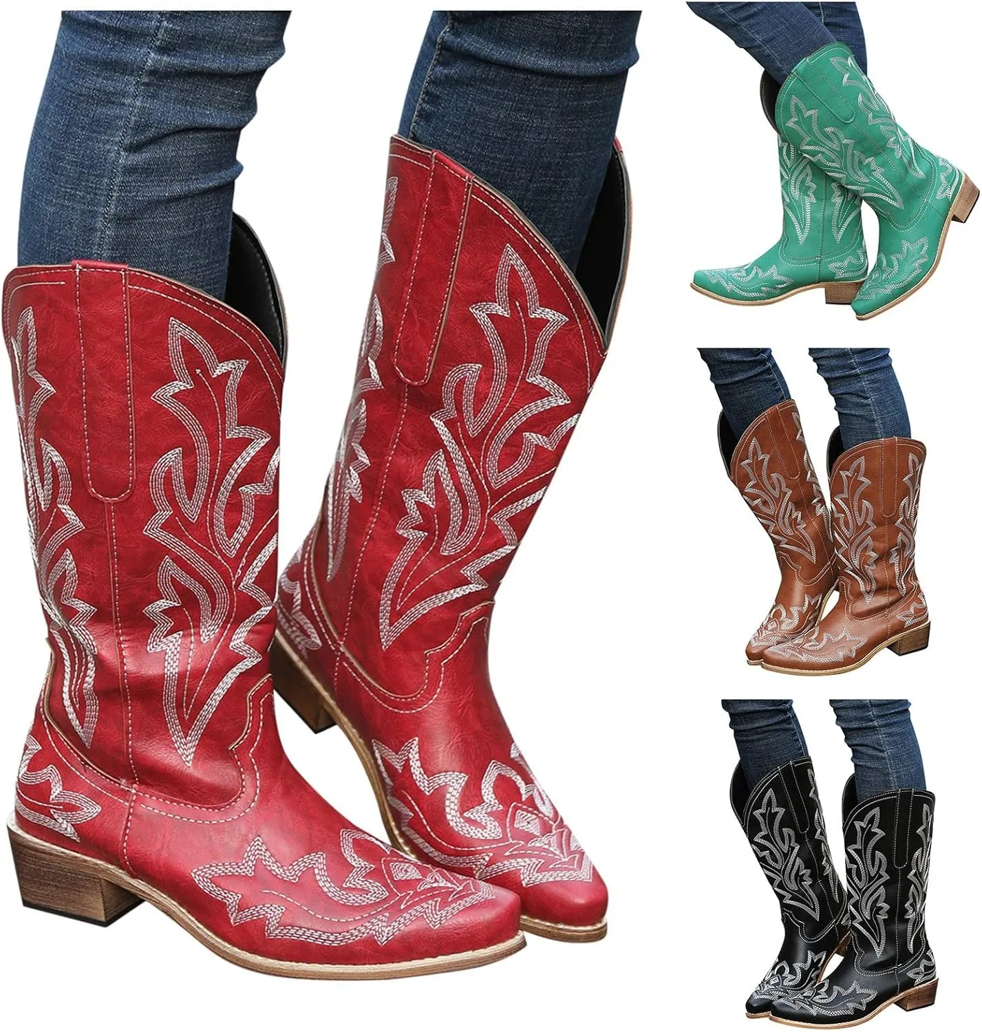 Knee High Cowboy Boots Women Women Cowgirl Boots Fashion Mid Half Pull on Chunky Heels Pointy Toe Embroidered Boots