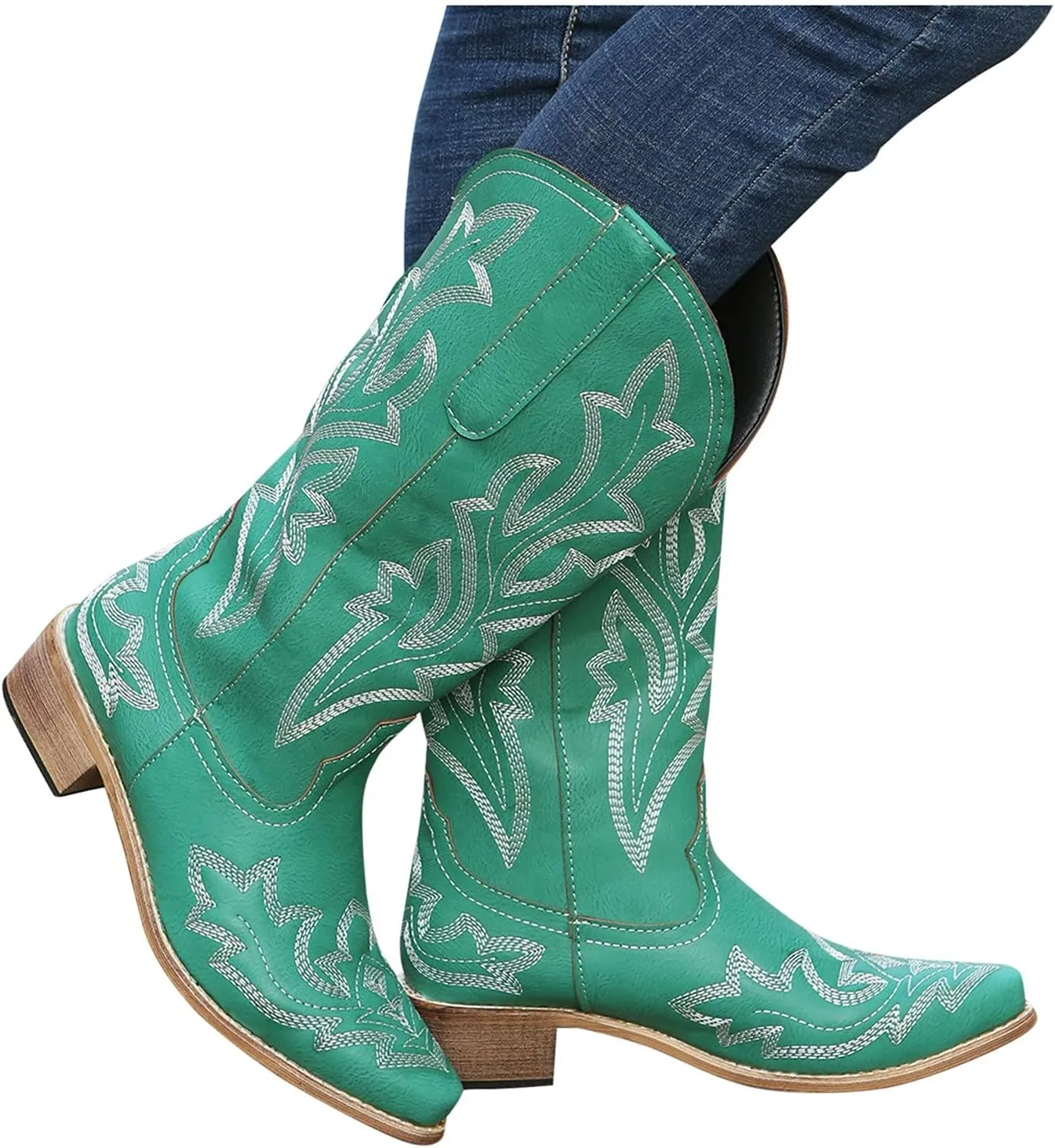 Knee High Cowboy Boots Women Women Cowgirl Boots Fashion Mid Half Pull on Chunky Heels Pointy Toe Embroidered Boots