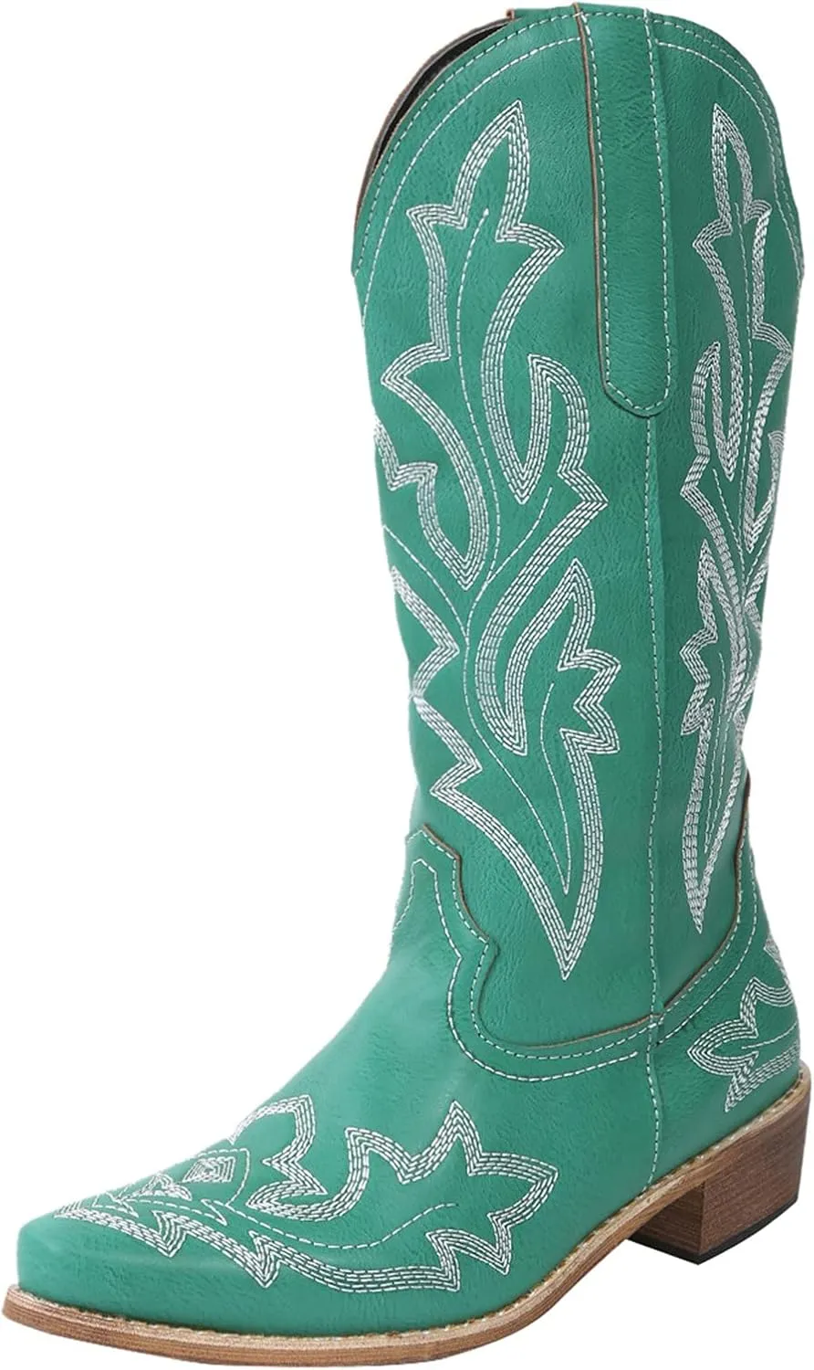 Knee High Cowboy Boots Women Women Cowgirl Boots Fashion Mid Half Pull on Chunky Heels Pointy Toe Embroidered Boots