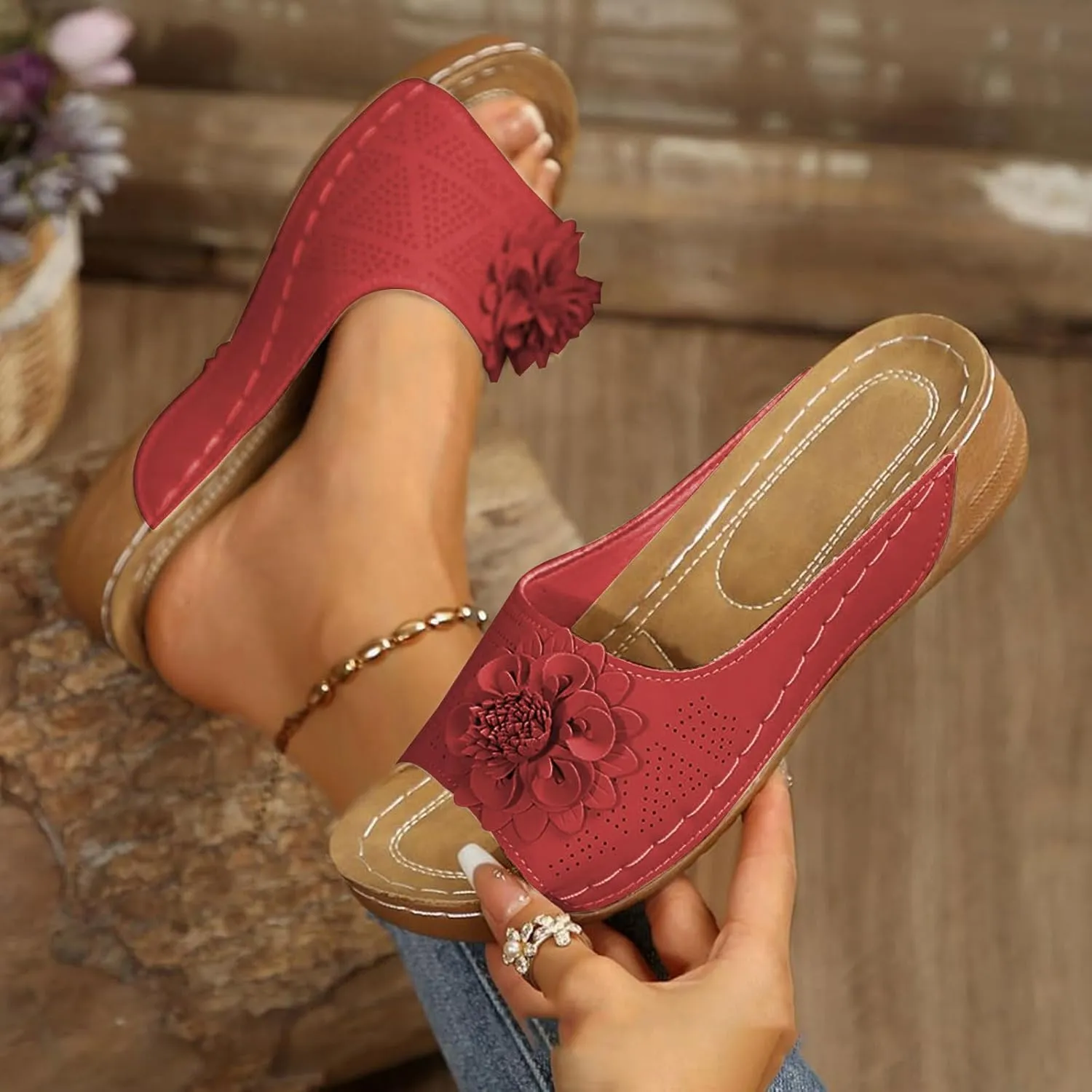 Kubbon Flowers Orthopedic Sandals for Women Arch Supprot Casual Wedge Open Toe Sandals Non Slip Boho Slippers Lightweight Soft Leather Slippers