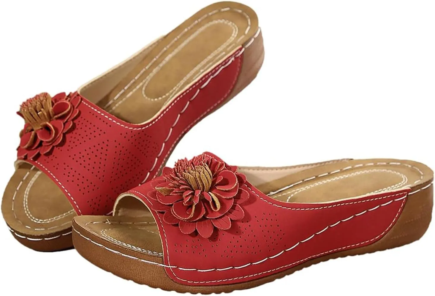 Kubbon Flowers Orthopedic Sandals for Women Arch Supprot Casual Wedge Open Toe Sandals Non Slip Boho Slippers Lightweight Soft Leather Slippers