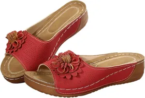 Kubbon Flowers Orthopedic Sandals for Women Arch Supprot Casual Wedge Open Toe Sandals Non Slip Boho Slippers Lightweight Soft Leather Slippers
