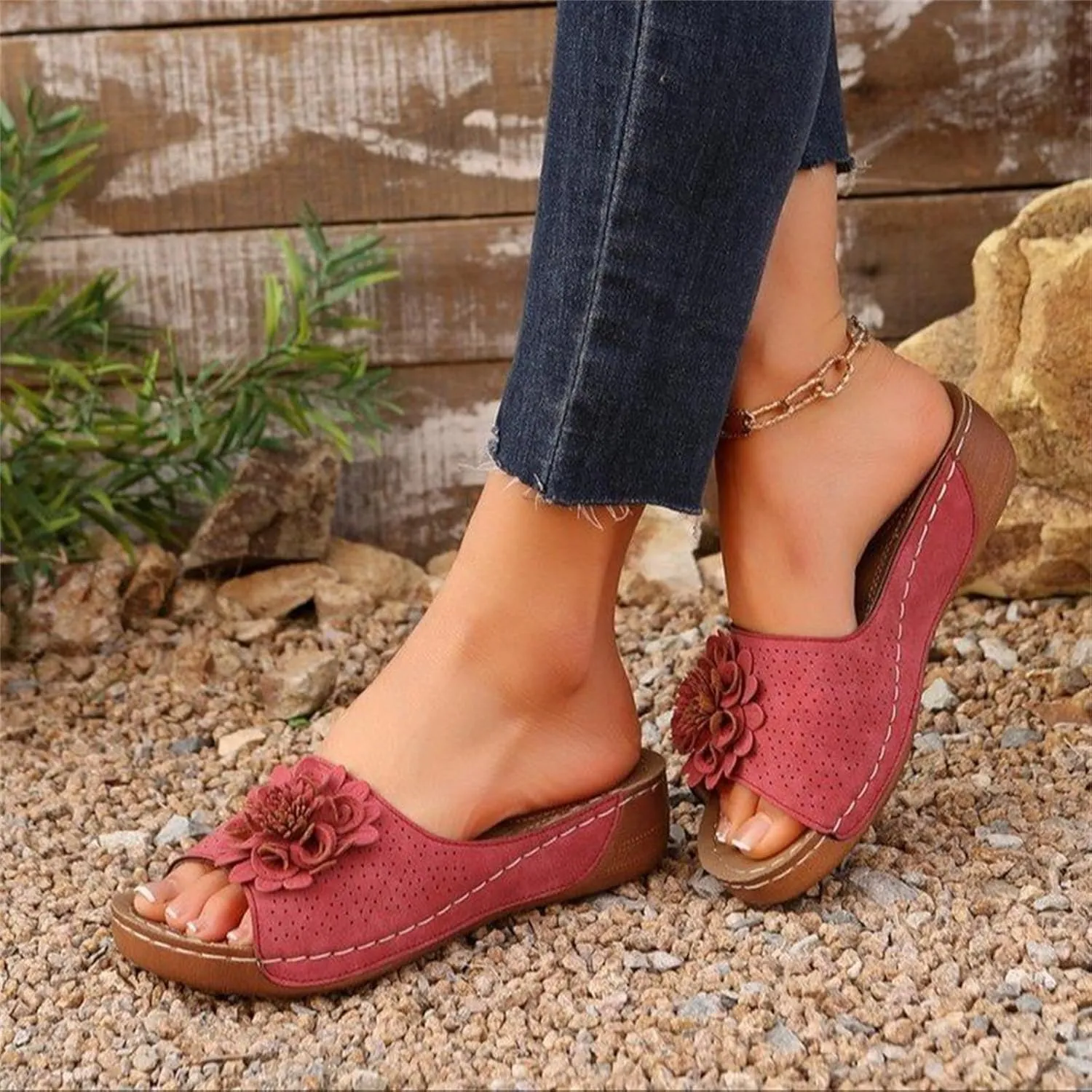 Kubbon Flowers Orthopedic Sandals for Women Arch Supprot Casual Wedge Open Toe Sandals Non Slip Boho Slippers Lightweight Soft Leather Slippers