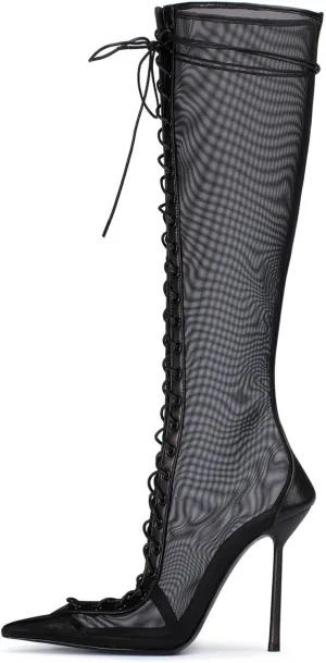 Lace Up Boots for Women Knee High Pointed-toe Heels Stiletto Summer Thigh High Boots Sexy Prom Pump Closed Toe