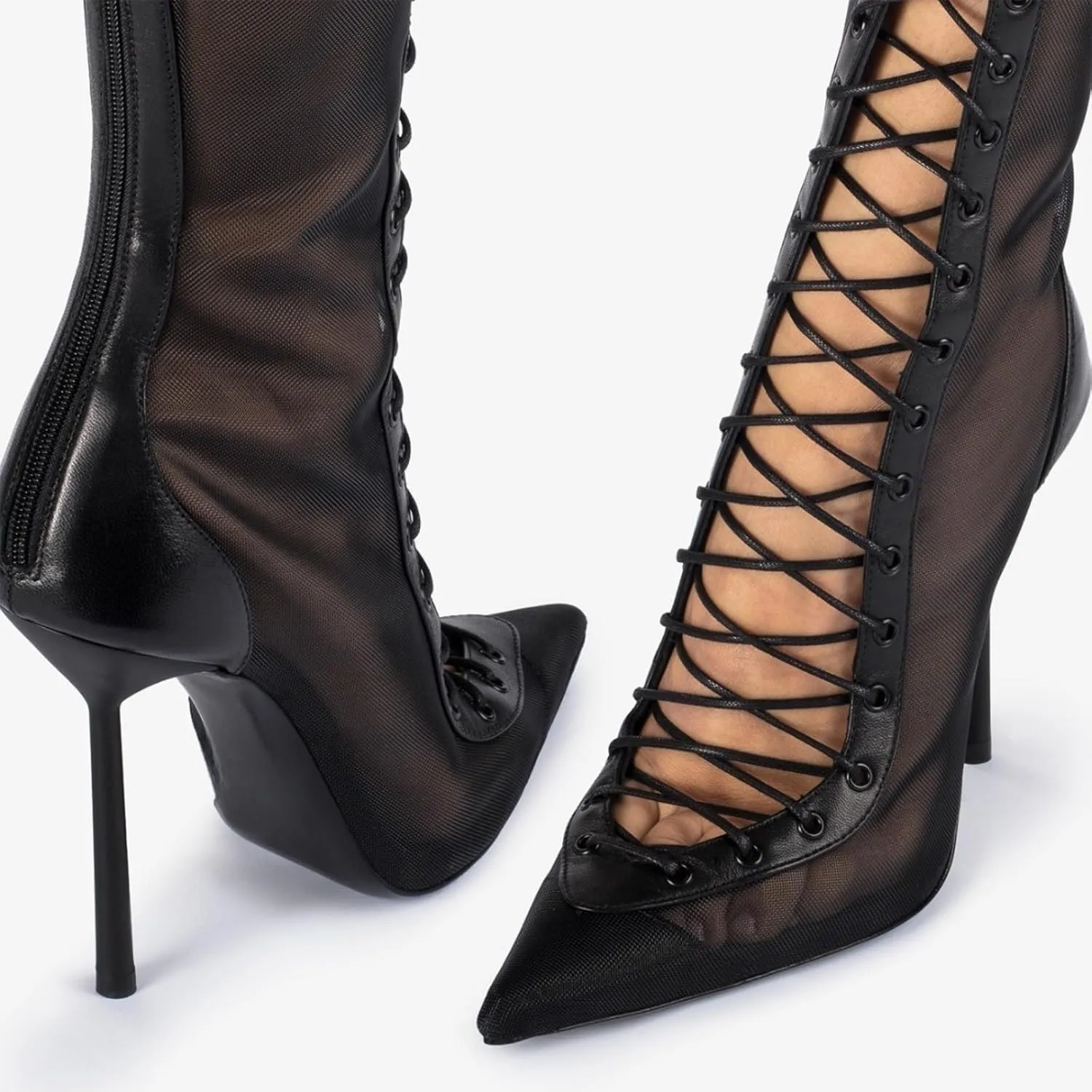 Lace Up Boots for Women Knee High Pointed-toe Heels Stiletto Summer Thigh High Boots Sexy Prom Pump Closed Toe