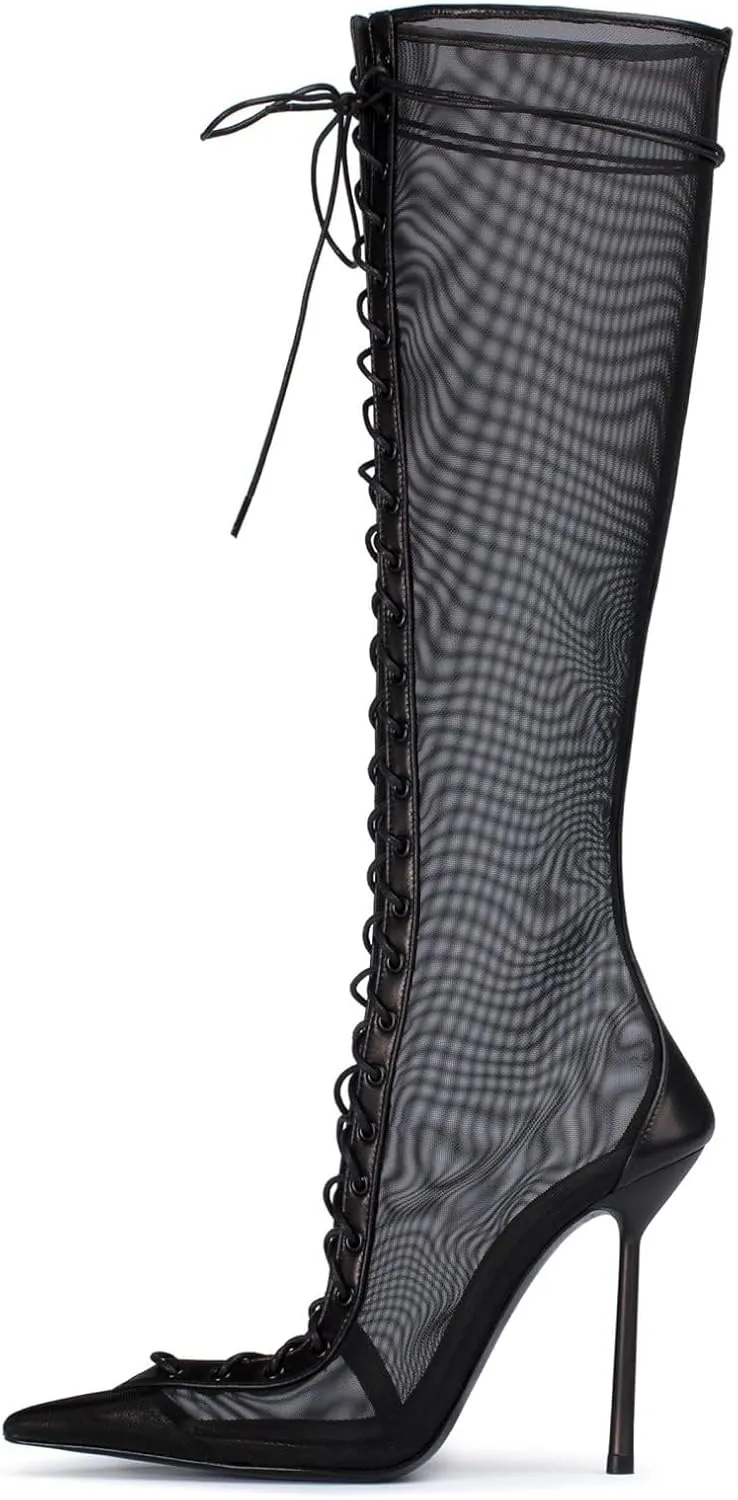 Lace Up Boots for Women Knee High Pointed-toe Heels Stiletto Summer Thigh High Boots Sexy Prom Pump Closed Toe