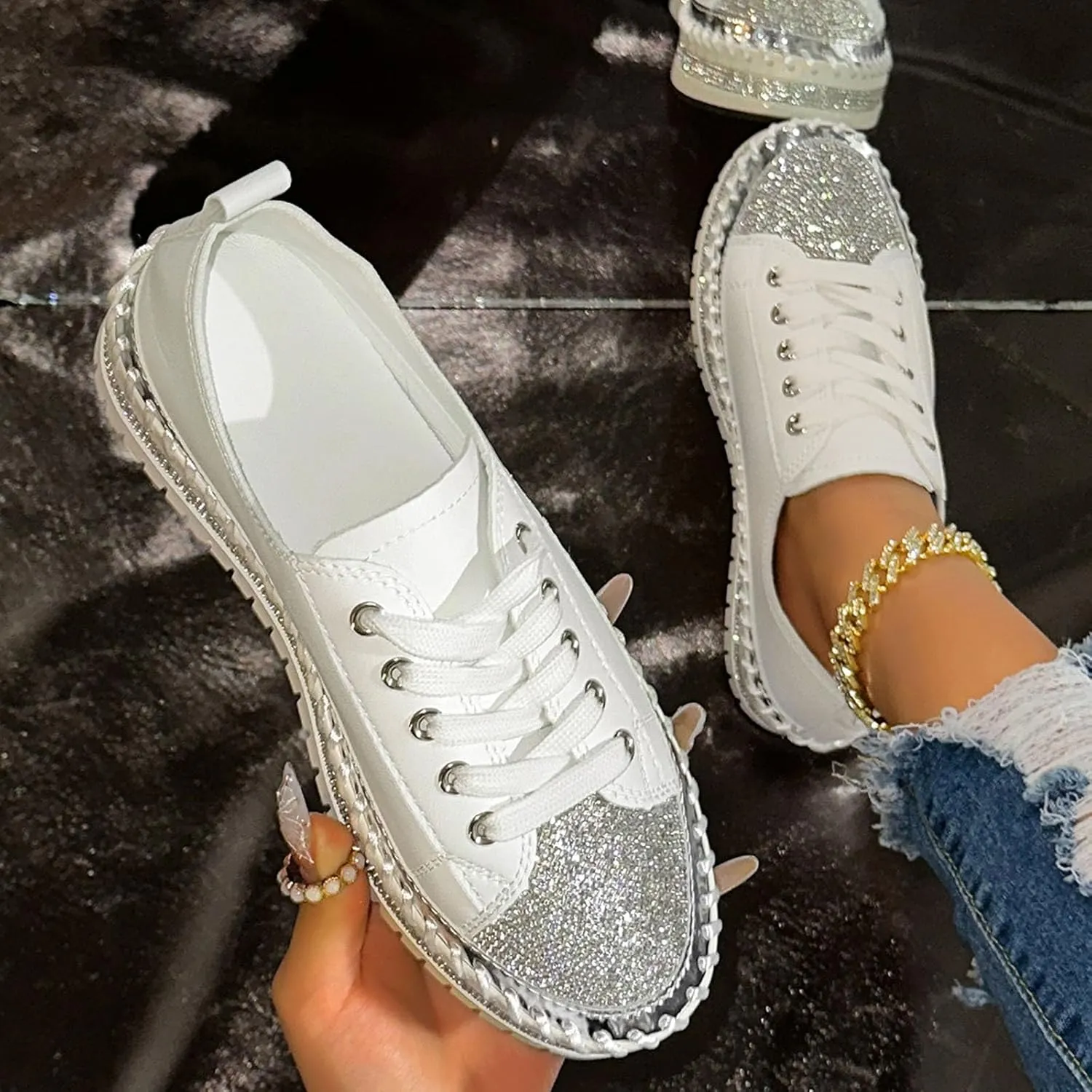 Ladies Fashion Sequin Leather Lace Up Comfortable Thick Soled Casual Shoes Womens Summer Dress Sandals