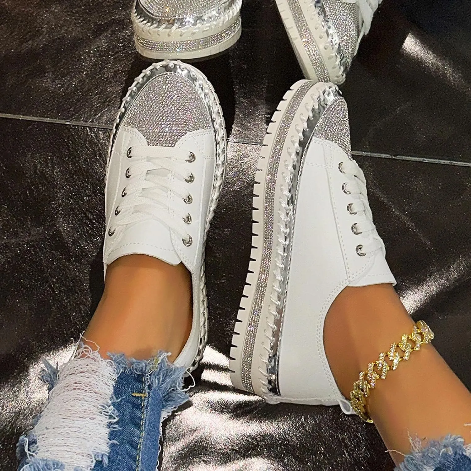Ladies Fashion Sequin Leather Lace Up Comfortable Thick Soled Casual Shoes Womens Summer Dress Sandals