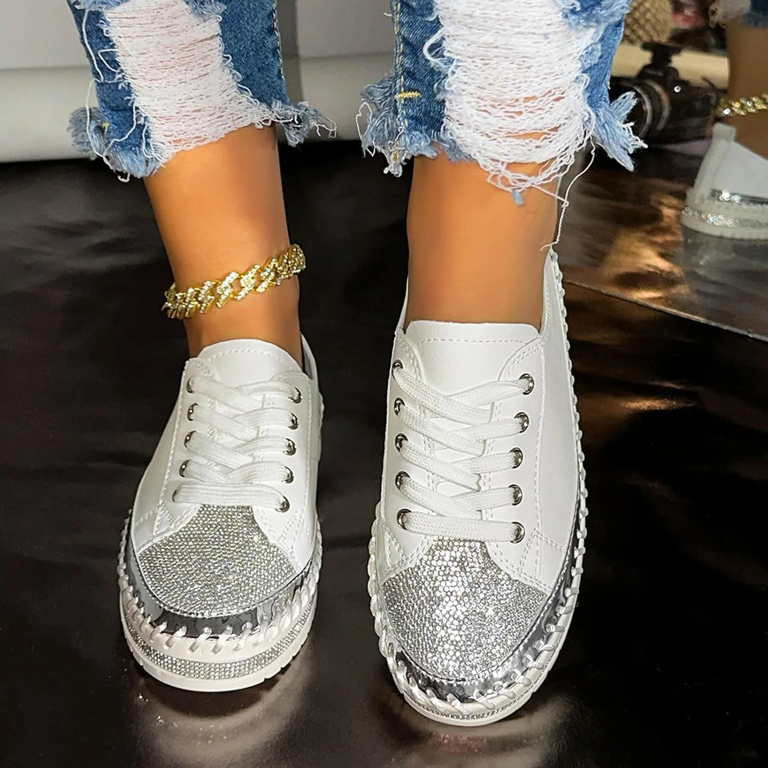 Ladies Fashion Sequin Leather Lace Up Comfortable Thick Soled Casual Shoes Womens Summer Dress Sandals