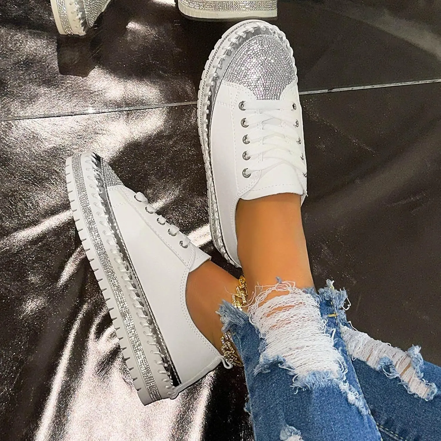 Ladies Fashion Sequin Leather Lace Up Comfortable Thick Soled Casual Shoes Womens Summer Dress Sandals