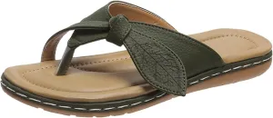 Ladies Fashion Solid Color Leather Leaf Decorative Flip On Sandals Womens Spa Slippers with Arch Support