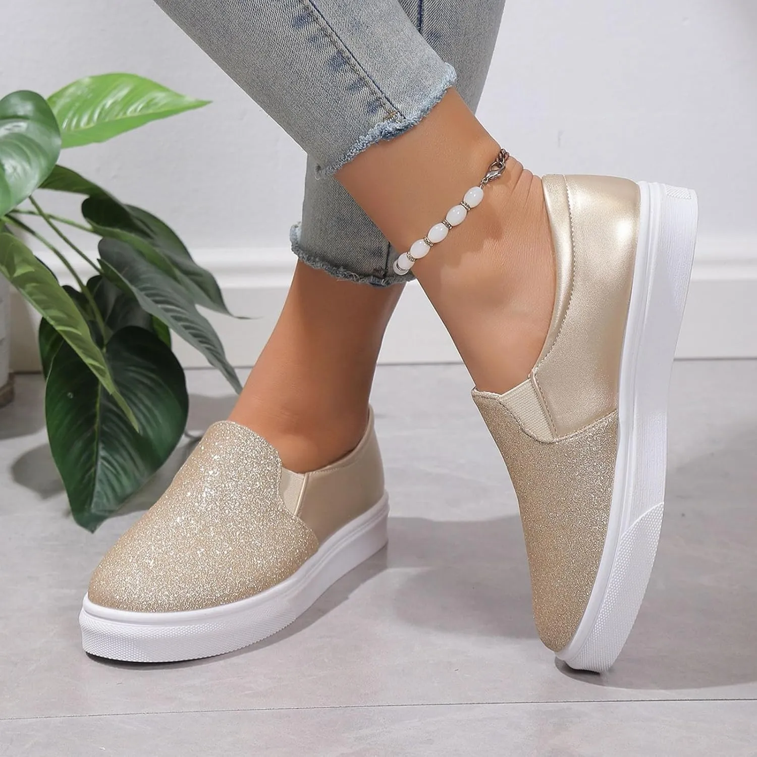 Ladies Rround Toe Elastic Set Foot Flat Bottom Sequins Simple Solid Colour Large Size Slip on Casual Dress Shoes for Men