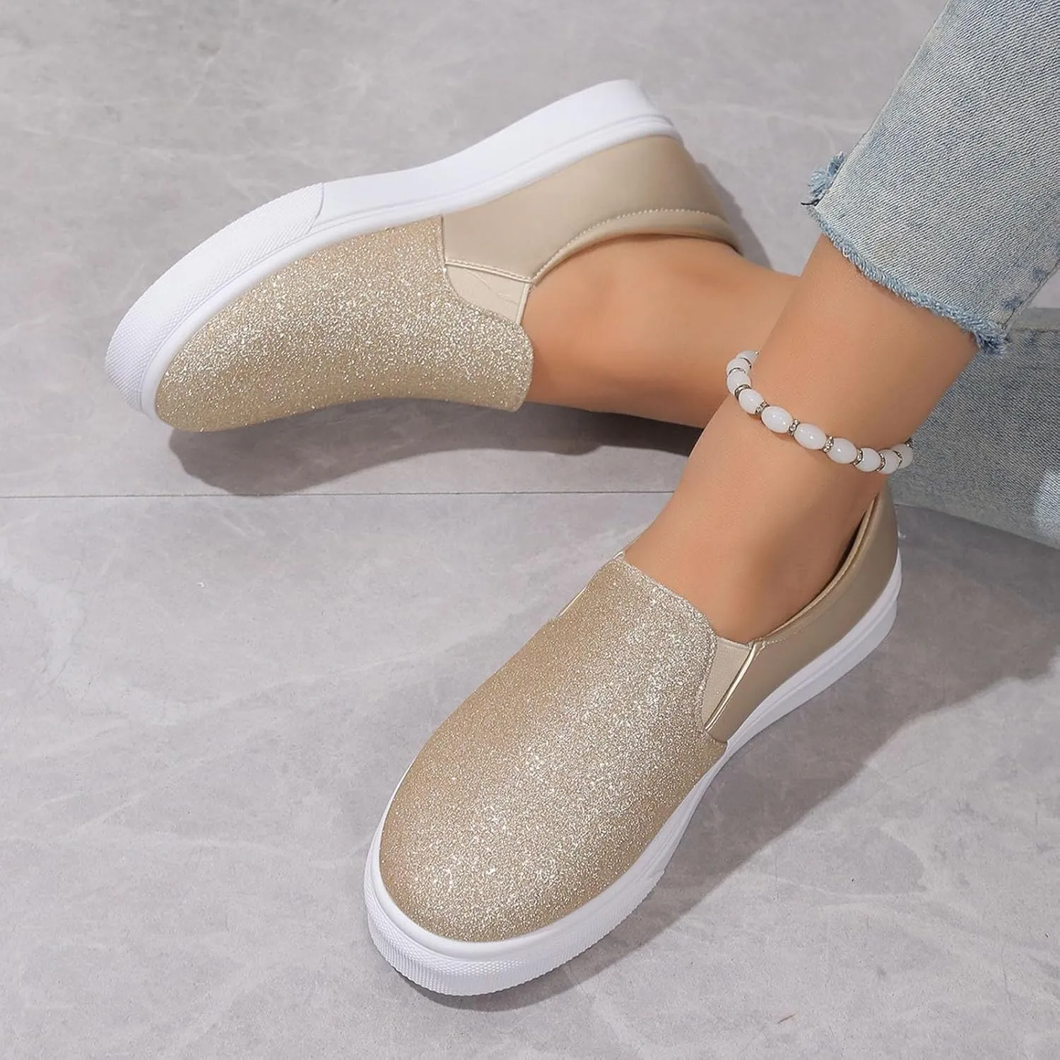 Ladies Rround Toe Elastic Set Foot Flat Bottom Sequins Simple Solid Colour Large Size Slip on Casual Dress Shoes for Men