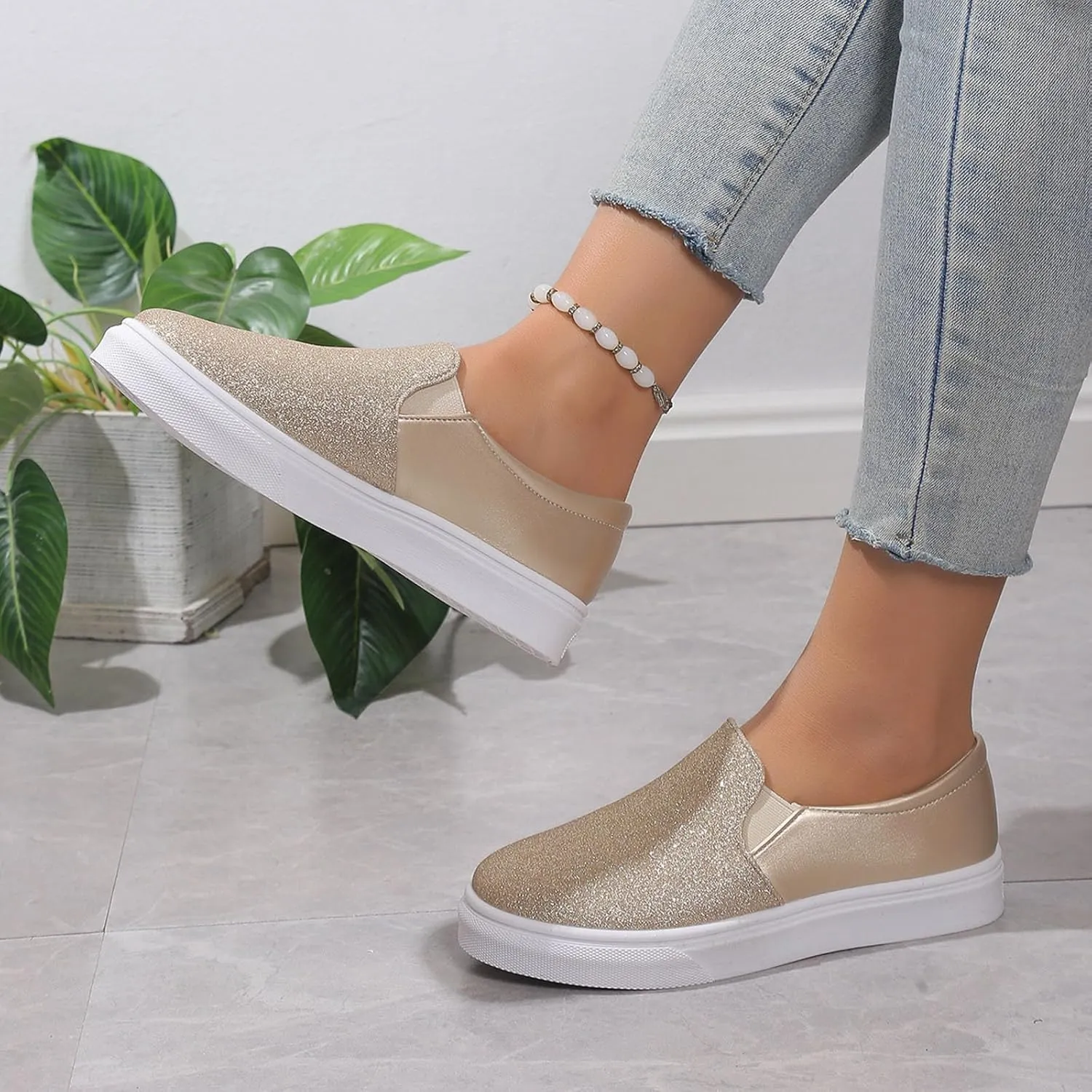 Ladies Rround Toe Elastic Set Foot Flat Bottom Sequins Simple Solid Colour Large Size Slip on Casual Dress Shoes for Men