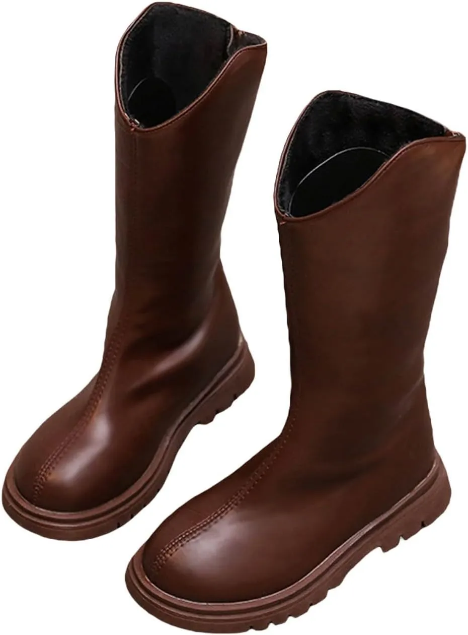 Leather 𝐖aterproof Boots For Girls Kids Mid Length Zipper 𝗟ow Heel Shoes Childrens Soft Non Slip Dress Dance Shoes
