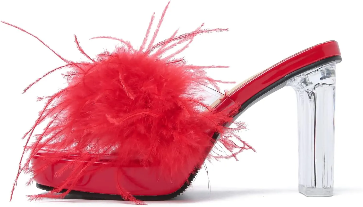 LIURUIJIA Women's Square Toe Platform Chunky Heel Slip on Sandals Feather Fuzzy Heels Mules Wedding Bridal Party Dress Shoes