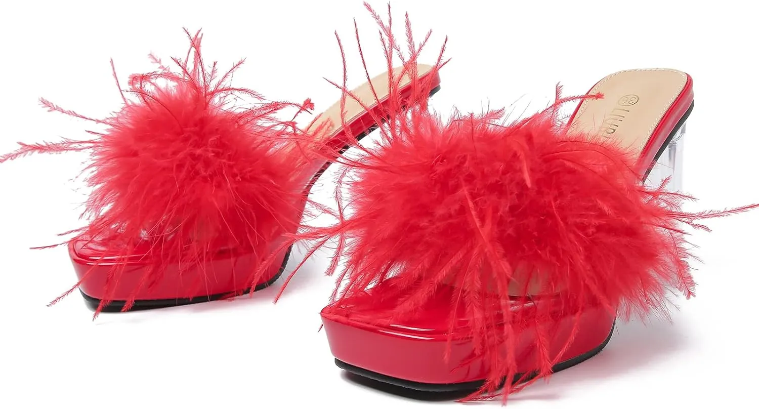 LIURUIJIA Women's Square Toe Platform Chunky Heel Slip on Sandals Feather Fuzzy Heels Mules Wedding Bridal Party Dress Shoes