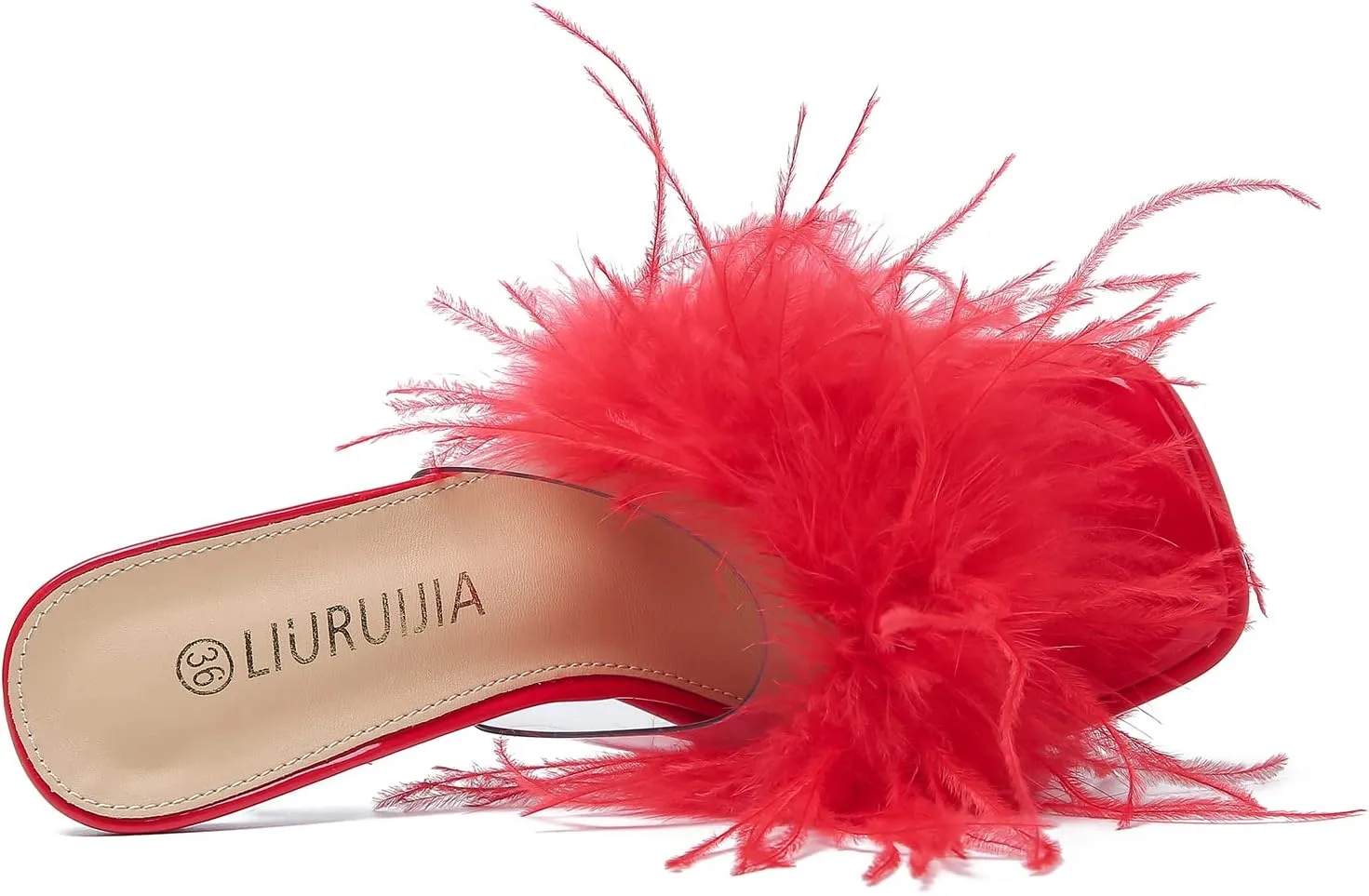 LIURUIJIA Women's Square Toe Platform Chunky Heel Slip on Sandals Feather Fuzzy Heels Mules Wedding Bridal Party Dress Shoes
